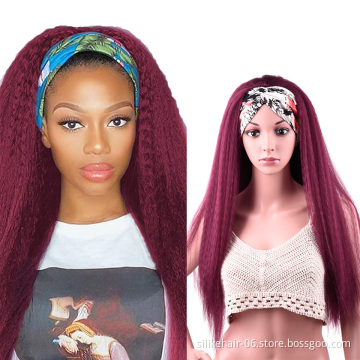 High Quality 24 Inch Red Kinky Straight Hair Headband Wig With Pre-attached Scarf Synthetic Yaki Straight Headband Wigs